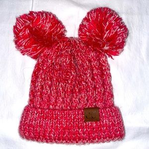 CC Red and White Double Pom Pom Beanie